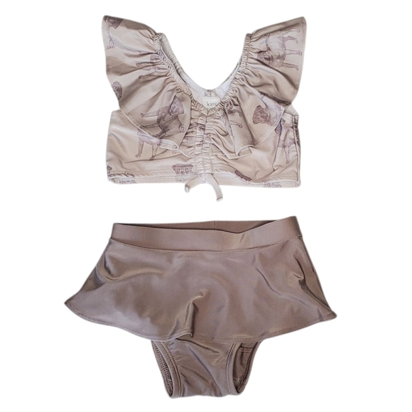 Kate Quinn 2 Piece Swimsuit Tan Pug Dog Toddler Girls Size 2T - Picture 1 of 4